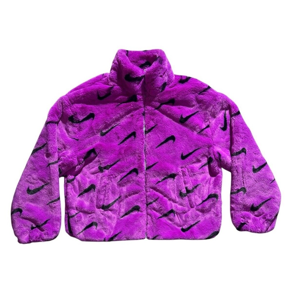 Nike Sportswear Faux Fur Jacket Purple Black Swoosh Monogram FullZip Women M Y2K